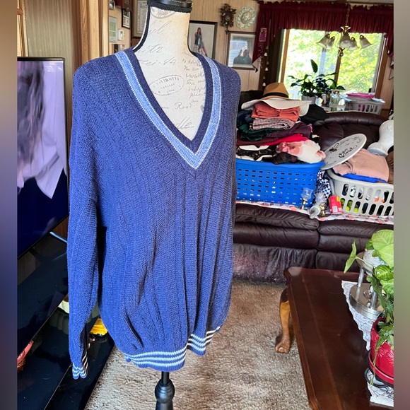 Vintage 1991 Jantzen Knit Navy Blue striped Mens Made In USA Pullover Cardigan. - Picture 5 of 16